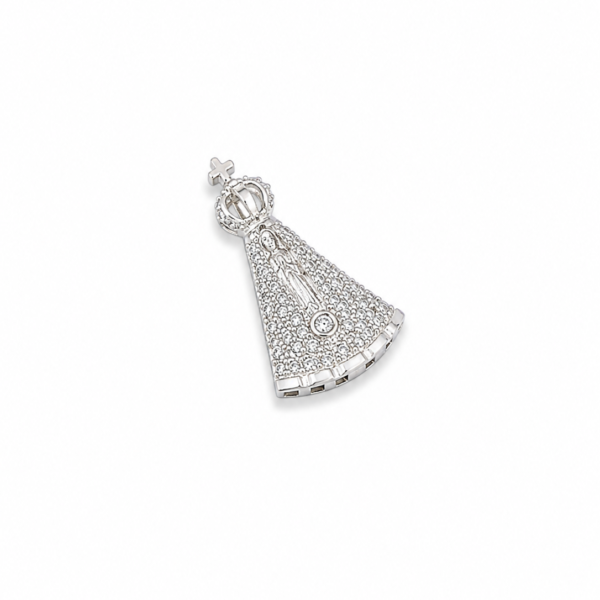 Pingente Nossa Sra. Aparecida em Ouro Branco com Pedras